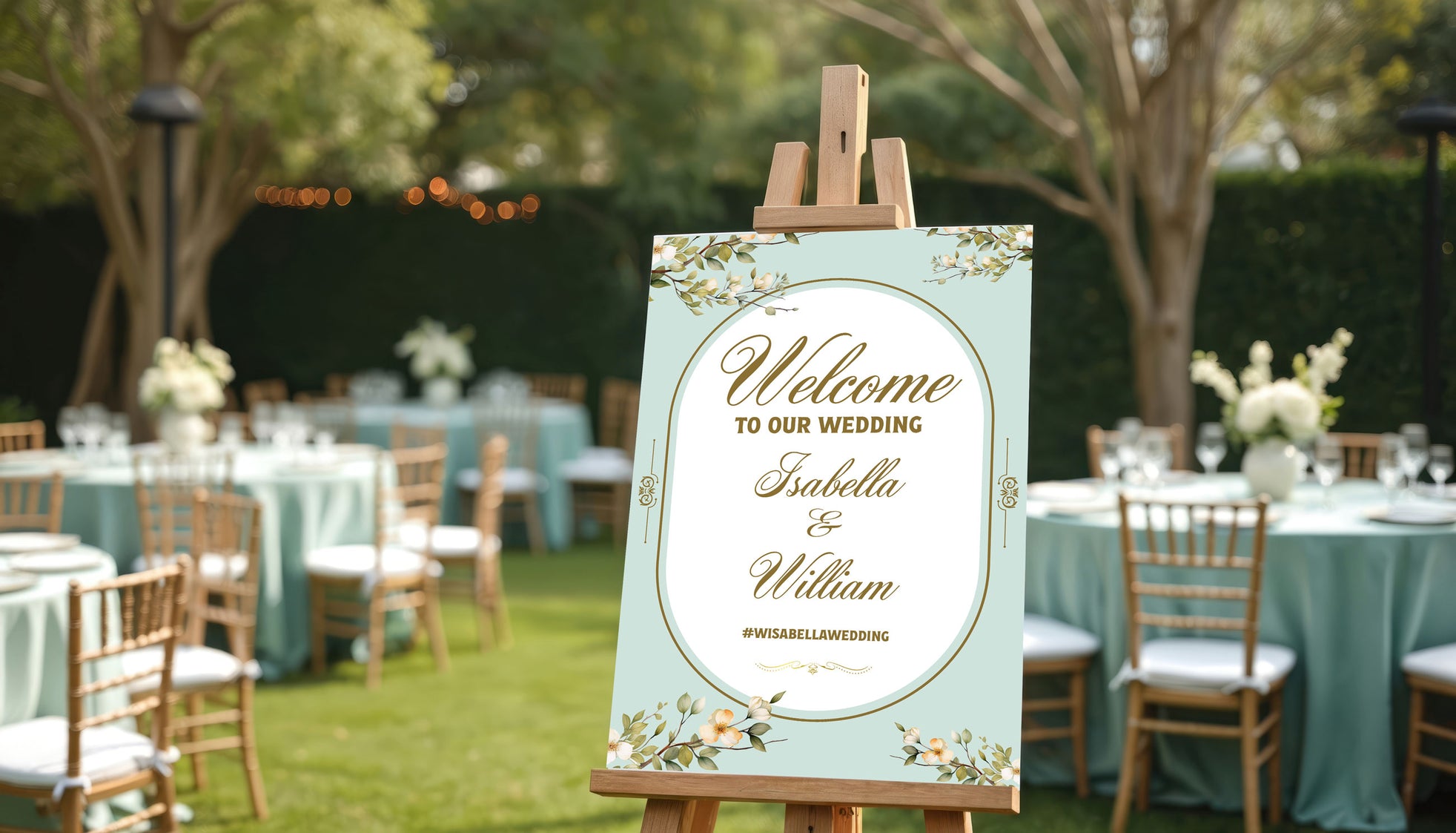 Foam Core wedding reception setup with a welcome sign on an easel outdoors.